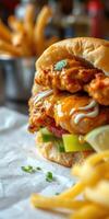 Delicious chicken sandwich with sauce and fresh veggies served with golden fries on a rustic table photo