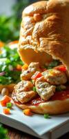 Delicious grilled chicken sandwich with fresh vegetables prepared in a cozy setting photo