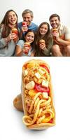 Group of friends enjoying drinks while posing with a delicious loaded hot dog featuring colorful ingredients and pasta photo