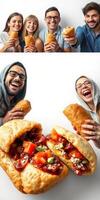 Friends enjoying delicious stuffed rolls while laughing and sharing good times in a bright setting photo