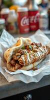 Delicious wrap filled with grilled chicken and fresh toppings served in a casual dining setting photo