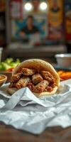 Savory wrapped sandwich filled with crispy meat and sauces in a cozy cafe setting photo