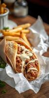 Savory falafel wrap served with crispy fries on a wooden table at a casual eatery photo