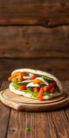 Fresh vegetable wrap with colorful peppers and cucumbers on a wooden board photo