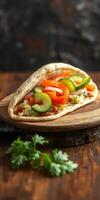 Delicious wrap filled with fresh vegetables on a wooden platter in a cozy restaurant setting photo
