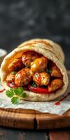 Grilled chicken wrap filled with fresh vegetables and spicy sauce served on a wooden board photo