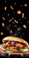 Creative food presentation of a sandwich with vegetables and unique ingredients in a dark setting photo