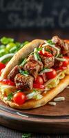 Delicious grilled meat sandwich topped with fresh vegetables and herbs enjoyed in a cozy setting photo