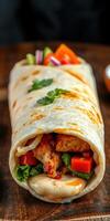 Delicious wrap filled with grilled chicken, fresh vegetables, and creamy sauce served on a wooden table photo