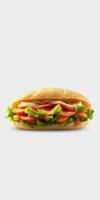 Fresh sub sandwich with layers of vegetables and meats on a soft roll in a simple white background setting photo