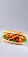 Delicious sub sandwich layered with fresh vegetables and savory meats on a white background photo