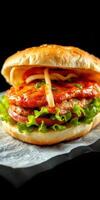 Juicy chicken burger topped with fresh vegetables and flavorful sauce on a black background photo