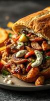 Delicious sandwich filled with savory roasted vegetables and creamy sauce on a rustic table photo