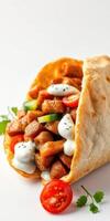 Grilled meat wrap with fresh vegetables, herbs, and tangy sauce on a light background photo