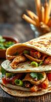 Flavorful grilled chicken tacos served with fresh ingredients on a rustic wooden table photo
