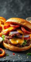 Juicy burger stacked with cheese, bacon, and fresh vegetables served with crispy onion rings photo