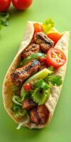 Delicious grilled chicken wrap filled with fresh vegetables and herbs on a bright green background photo