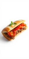 Delicious sandwich with tender meat, fresh tomatoes, and flavorful sauces served on a crusty baguette photo