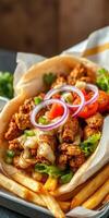 Delicious Mediterranean wrap filled with seasoned chicken, fresh vegetables, and creamy sauce served with fries photo