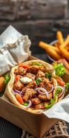 Freshly made chicken wrap served with crispy fries at a local eatery for a satisfying lunch experience photo