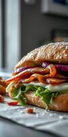 Delicious sandwich with fresh ingredients served on a wooden table in a cozy cafe setting photo