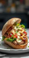 Delicious sandwich filled with fresh vegetables and creamy sauce served on a wooden table photo