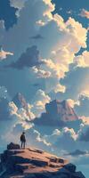 Stunning view of a person standing on a mountain peak gazing at dramatic clouds during sunset photo