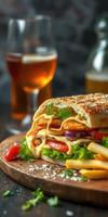 Delicious grilled sandwich with fresh vegetables and cheese served with fries and cold beverages in a cozy setting photo