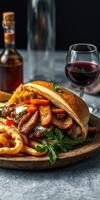 Delicious sandwich with grilled meat and fries served with red wine in a cozy setting photo