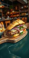 Delicious sandwich served on a wooden board with fries in a cozy restaurant setting photo