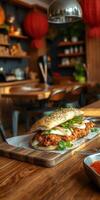 Delicious crispy chicken sandwich with fresh vegetables served in a cozy cafe setting photo