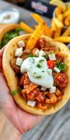 Delicious hand-held dish featuring grilled meat, fresh toppings, and sauces in a soft bread pocket served with fries photo