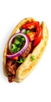 Savory chicken wrap with fresh vegetables and herbs served on a soft flatbread photo