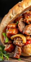 Savory meat sandwich loaded with tender beef, colorful peppers, and rich sauce served on a fresh roll photo