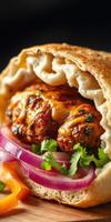 Delicious spicy wrap with grilled meat, fresh vegetables, and herbs served on a wooden table photo