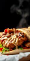 Delicious grilled chicken sandwich with fresh vegetables and savory sauce on toasted bread photo
