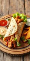Delicious wrap with grilled chicken and sauces served on a wooden plate with potato wedges photo