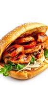 Juicy grilled chicken sandwich loaded with fresh vegetables and savory sauce on a sesame seed bun photo