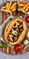 Delicious beef sandwich served with crispy fries and dipping sauces on a wooden platter in a casual dining setting photo