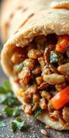 Delicious wrap filled with savory meat, fresh vegetables, and fragrant spices in a cozy setting photo