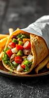 Delicious wrap filled with fresh vegetables and savory meat served with golden fries photo