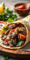 Delicious beef fajita wrap with fresh vegetables and herbs on a rustic wooden table photo