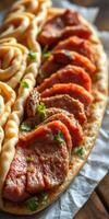 Savory meat platter arranged on warm flatbread with fresh herbs served in a rustic setting photo