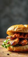 Grilled chicken sandwich stacked with fresh greens on a rustic wooden table photo