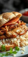 Juicy grilled chicken sandwich served on fluffy rice with fresh tomatoes and savory sauce photo
