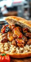 Delicious sandwich filled with grilled chicken, peppers, and savory sauce served on a bed of rice photo