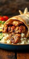 Grilled chicken wrap with rice and fresh vegetables served on a blue plate photo