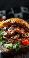 Delicious grilled chicken sandwich served with fresh vegetables and gourmet sauce on wooden board photo