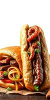 Delicious fusion street food featuring grilled meat and savory noodles in a warm bun photo