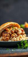 Chicken with savory sauce served in a soft bun alongside fluffy rice photo